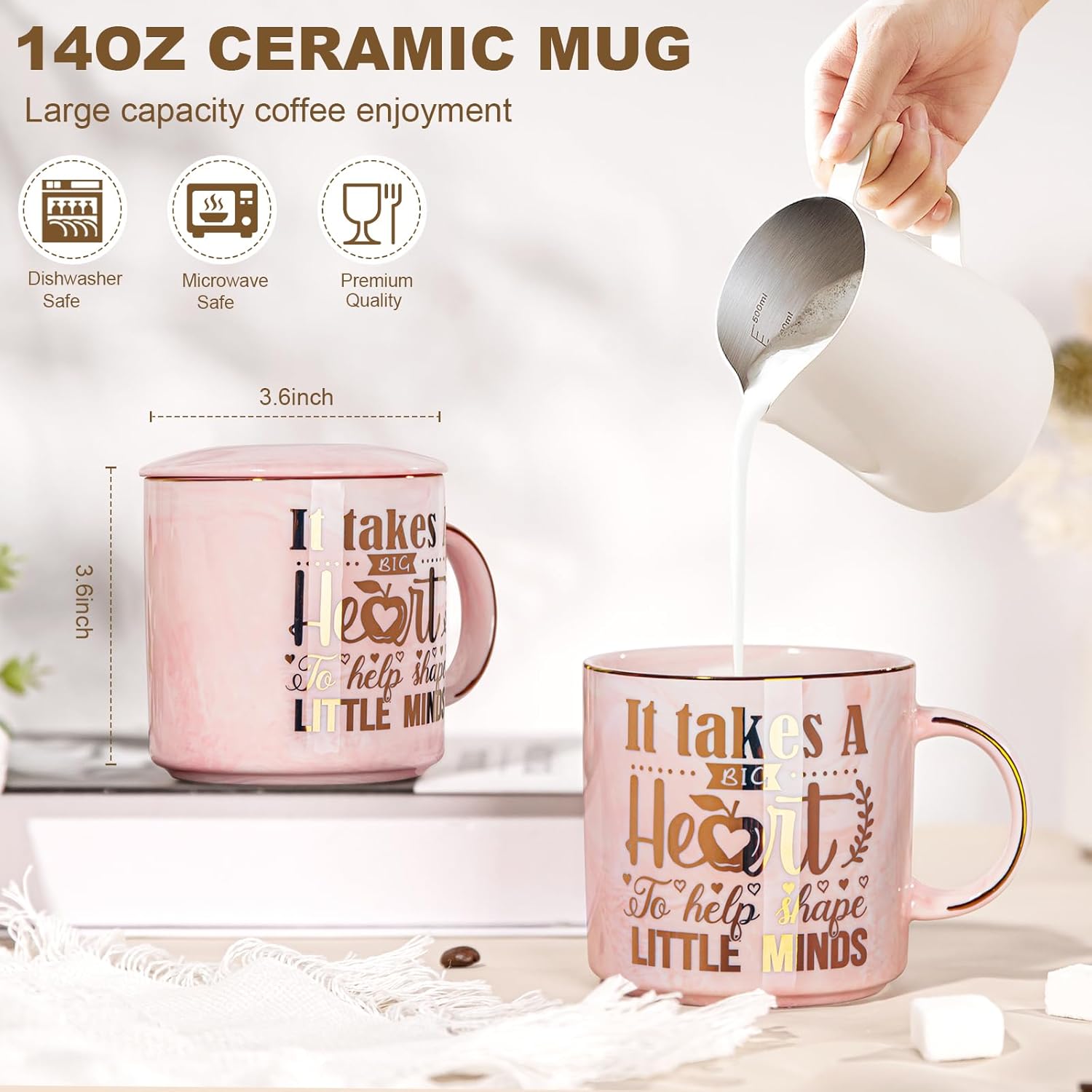 Teacher Appreciation Gifts for Women, Best Thank You Teachers Mug Gift from Student - 14Oz Pink Marble Ceramic Cup with Gold Print, Teacher Graduation Gifts Ideas with Spoon Elegant Box Christmas Gift - Image 4