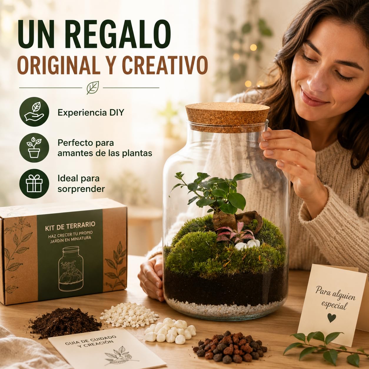Kit Terrario Plantas DIY sin Plantas Naturales - Botella de Vidrio con Tapa de Corcho, Sustrato Natural, Piedras Blancas y Piedras Volcánicas - Jardín en Botella Decorativo para Interior