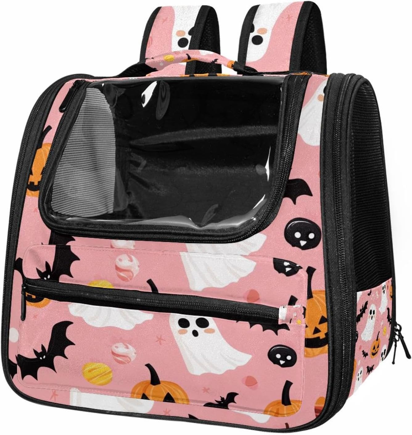 Portable Travel pet Backpack Carrier Hamster Bag Small Dog cat Carrier Breathable Hang Bag, Halloween Bats Candies Pumpkins