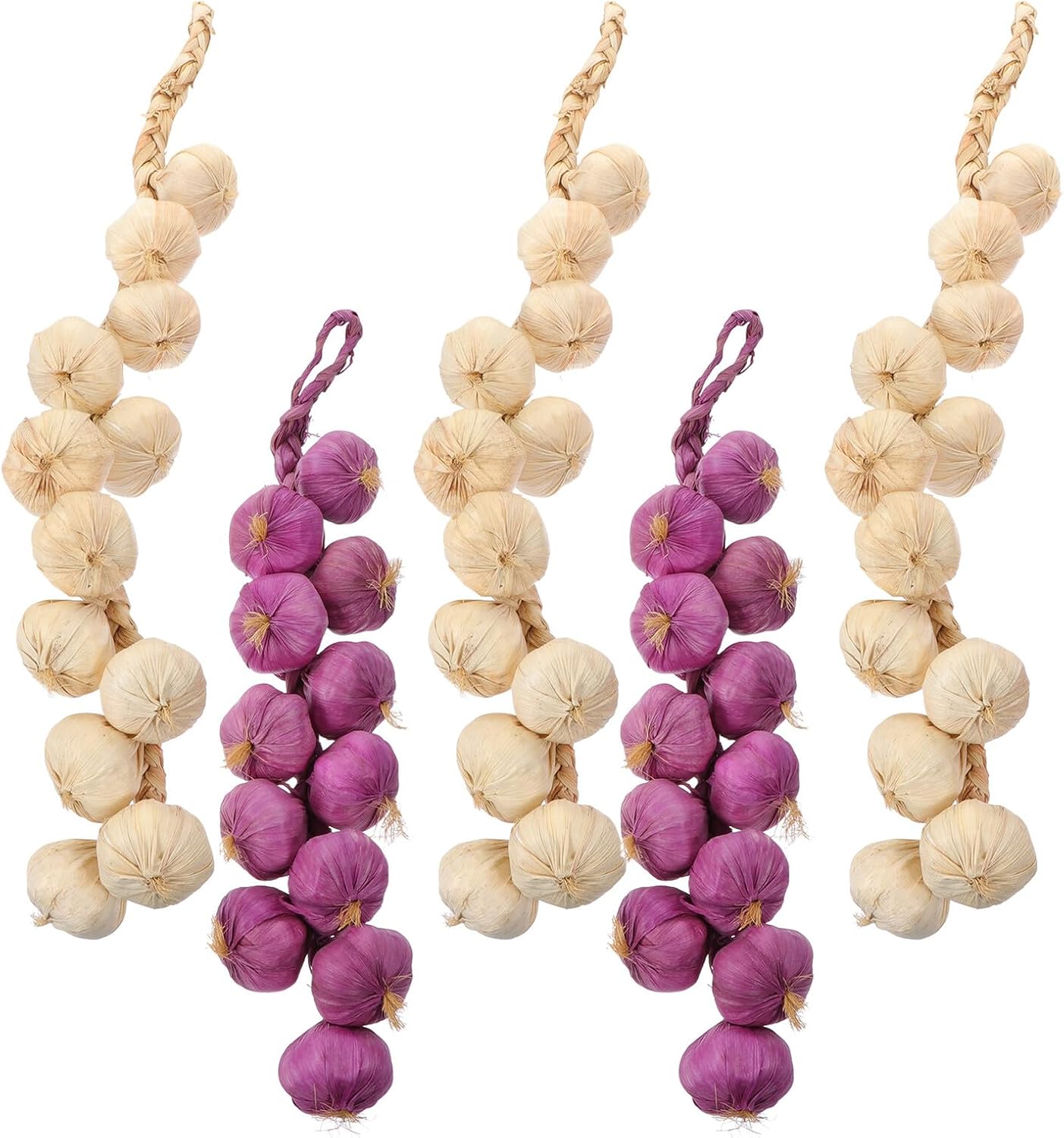 PRETYZOOM Artificial Garlic Garland String 5pcs Lifelike Simulation Faux Garlic Hanging Decoration for Kitchen Indoor Home Garden Photography Props (White 3 + Purple 2)