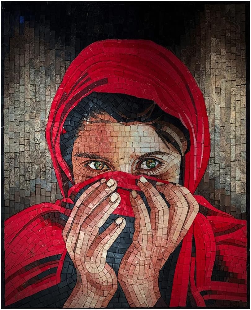 Handmade Girl with the Red Scarf Marble Mosaic Wall Art, Portrait Tile Mosaic Artwork, Hand-Cut Natural Stone Figure Wall Décor