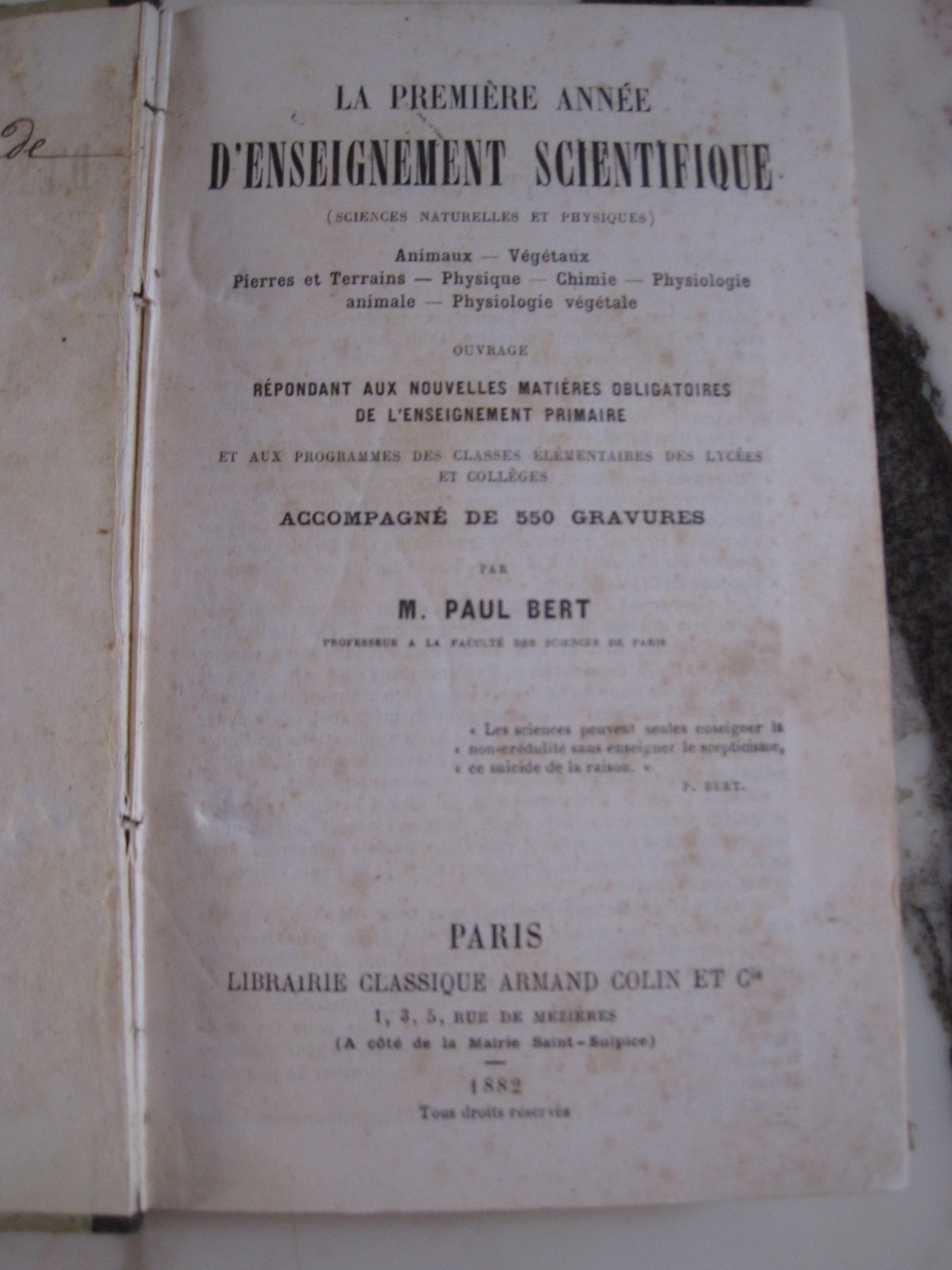 La Première Année d'enseignement scientifique, sciences naturelles et physiques animaux, végétaux, pierres et terrains, physique, chimie, physiologie végétale. Ouvrage répondant aux nouvelles matières obligatoires de l'enseignement primaire et aux program