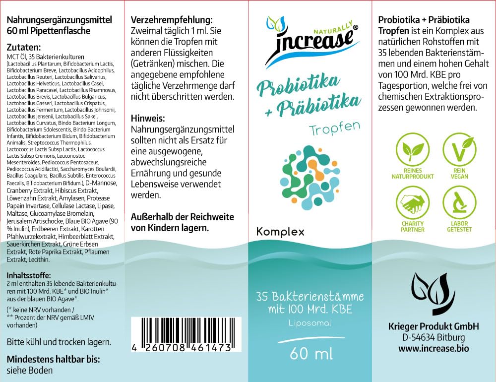 Nimm 3, zahl 2 Aktion Liposomale Probiotika + Präbiotika Kulturen Komplex Tropfen hochdosiert - 35 Bakterienstämme,D-Mannose,Inulin & 100 Mrd. KBE pro Portion (9 Billionen KBE in 3 Flaschen)