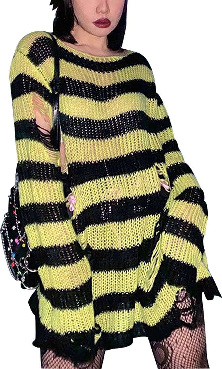 Y2K Goth Distressed Striped Sweater Oversized Fairy Grunge Ripped Knit Pullover Rave Punk Emo Crochet Tops