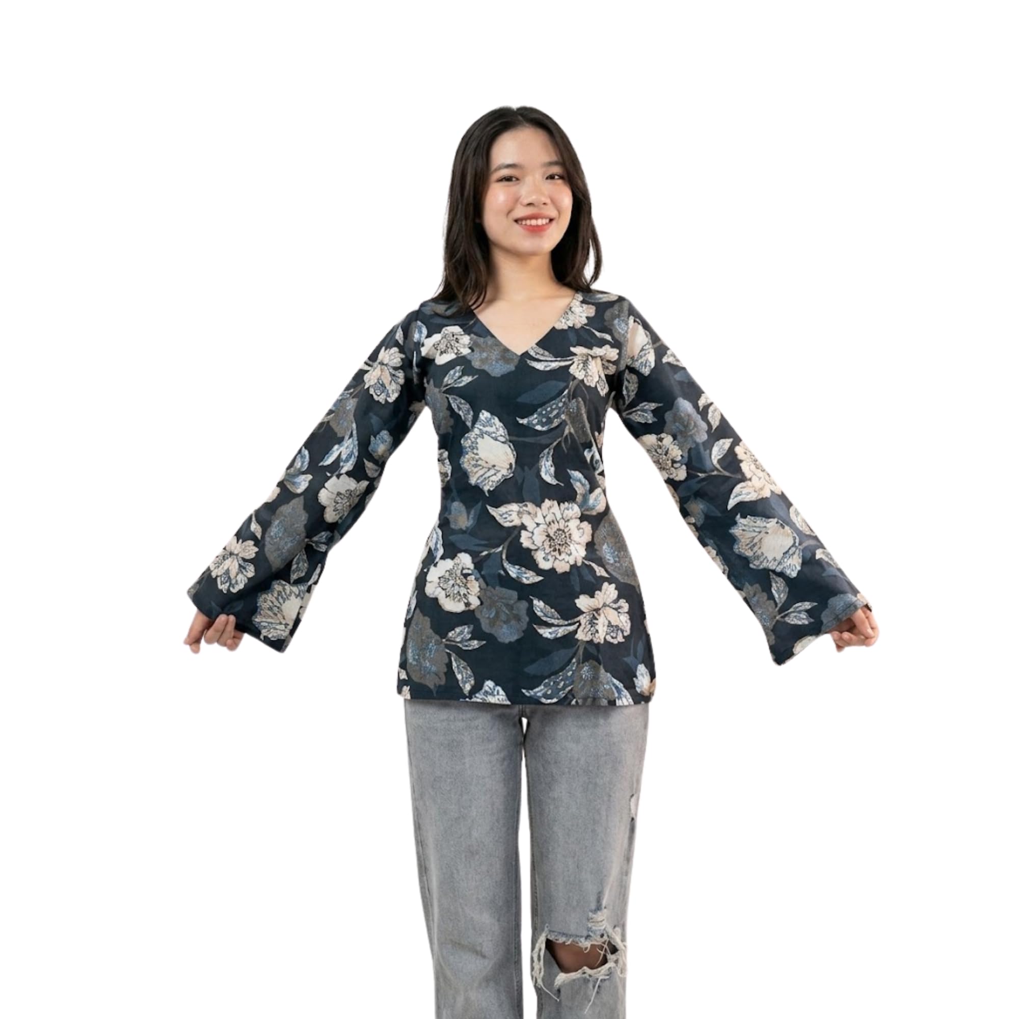 Women's Rayon Floral Print V-Neck Bell Sleeve Tunic Top | Boho Kurti Style Long Sleeve Top for Casual, Ethnic-picture-19