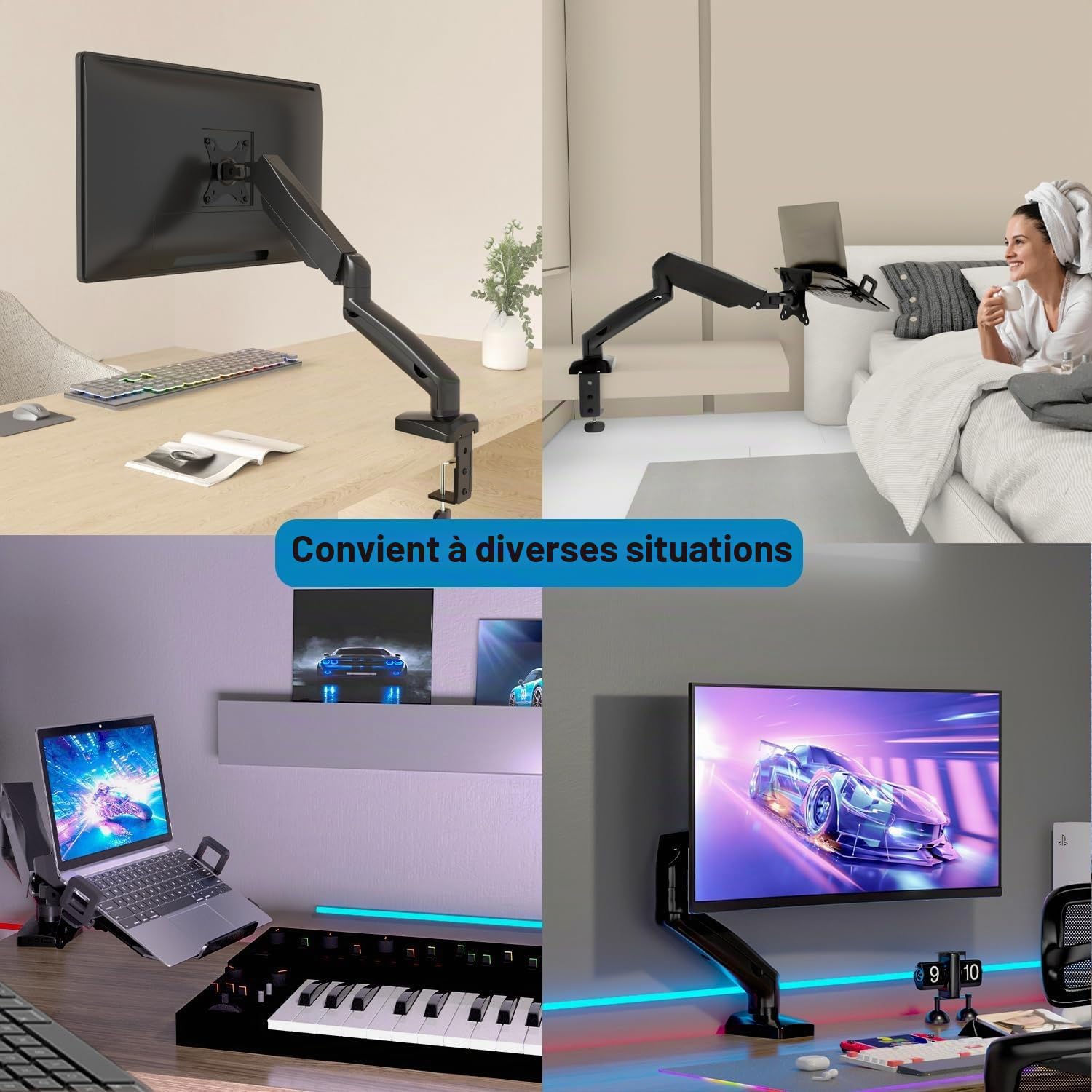 PUTORSEN Bras de Moniteur pour écran LCD LED 17-32" et Ordinateur Portable 17", réglable, 2 Fixations