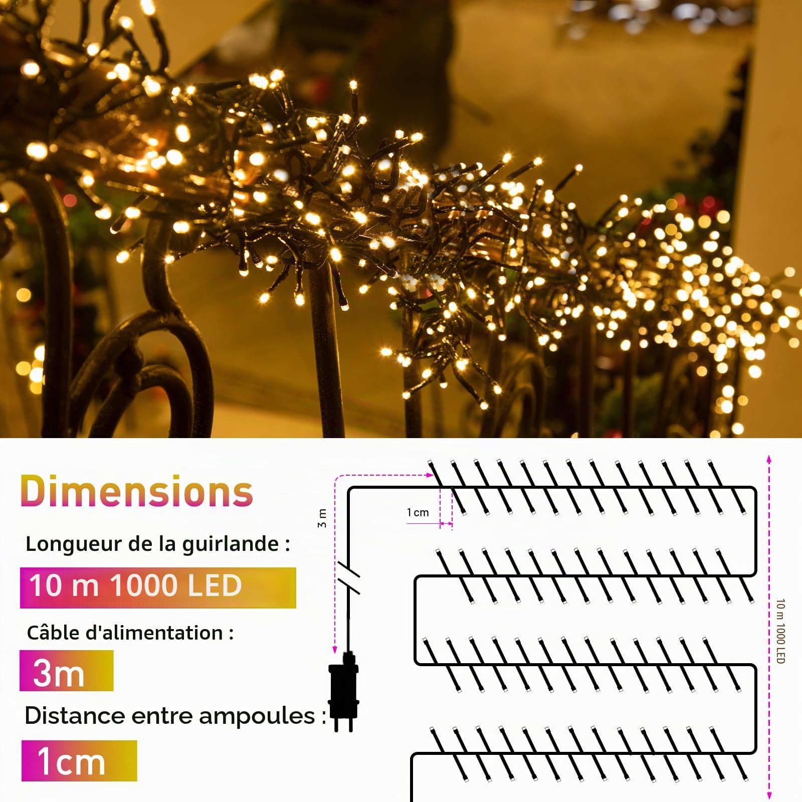 GlobaLink Guirlande Lumineuse Grappe, 10M 1000LEDs Cluster Fairy Light 8 Modes D'eclairage Lumières de Noël IP44 Étanche Guirlande Noel Sapin pour Décorer Intérieur Extérieur Jardin Patio, Blanc Chaud