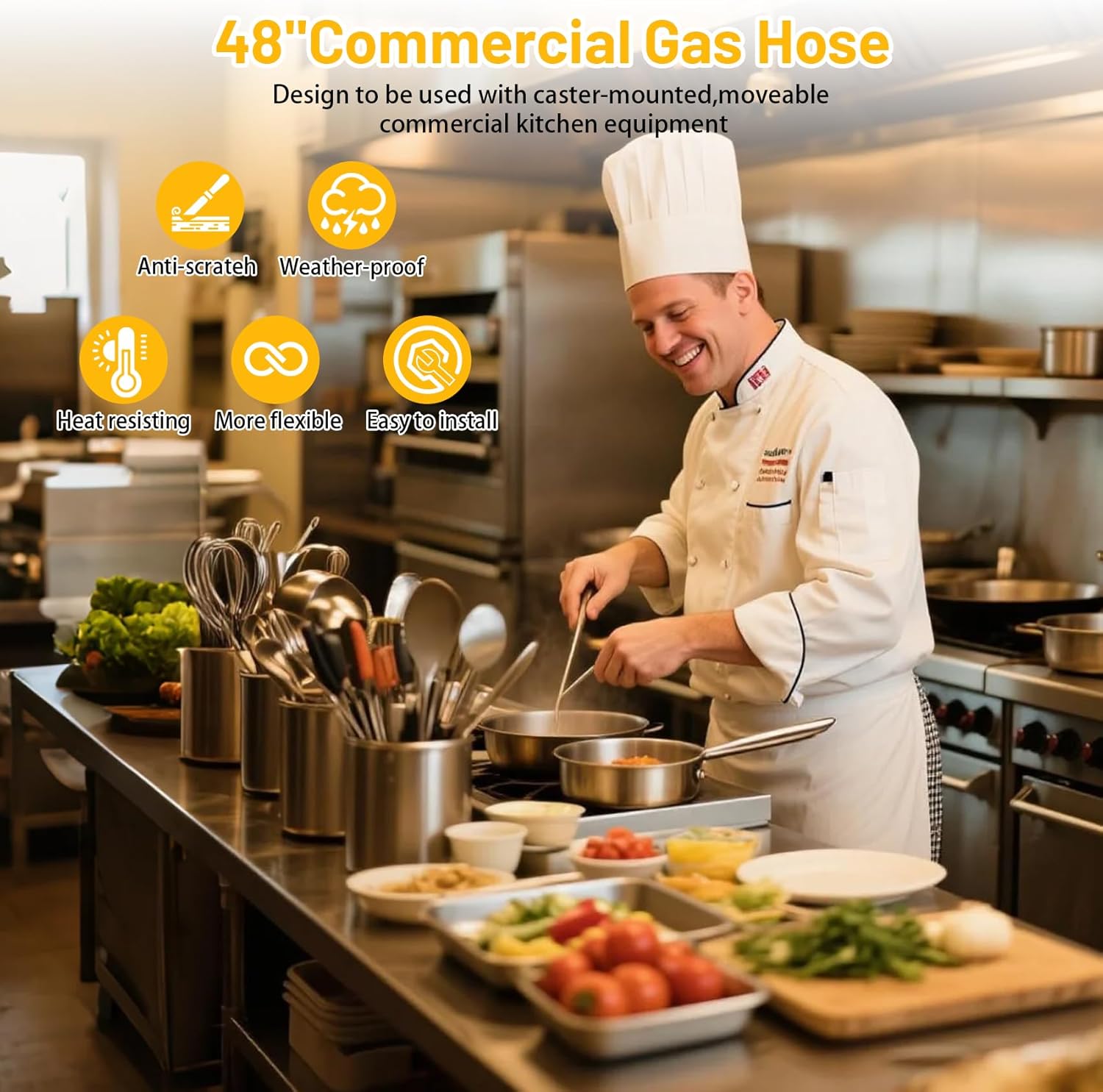 Yellow 1675KIT48 Safety System Kit, 48 inch Commercial Gas Hose Connector Kit, Flexible Blue Gas Hose Kit,Gas Line Hose with 3/4" Quick Disconnect,Restraining Devices for Commercial Kitchen Equipment