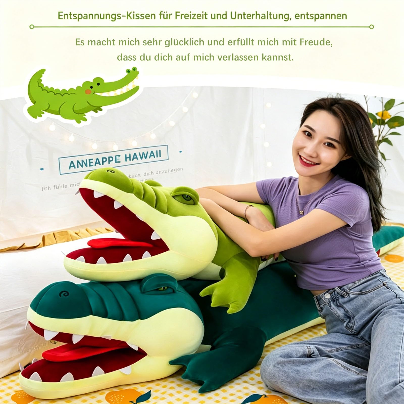 Riesen Krokodil Kuscheltier XXL, groß Grün Krokodil Stofftier Plüschtier mit offenem Maul, Krokodilkissen Plüschtier, Lustige Alligatoren-Plüschtiere Geschenk für Jungen und Mädchen (120cm,Grün)