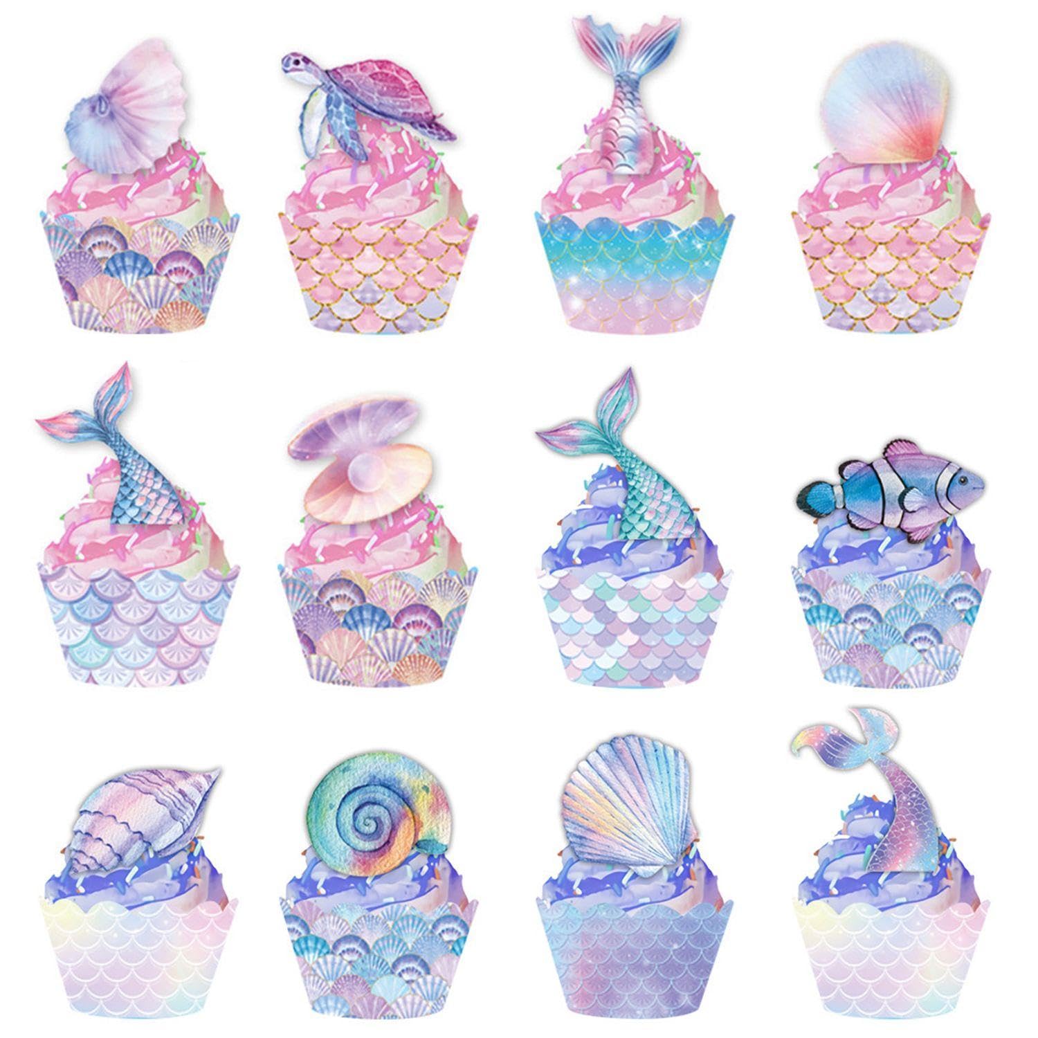 UBSIUH 48 Pieces Of Placards And 48 Pieces Of Borders, Mermaid-Themed Cake Decoration Set, Dessert Top Decoration Accessories, Suitable For Children'S Birthday Events, Ocean-Themed Parties.