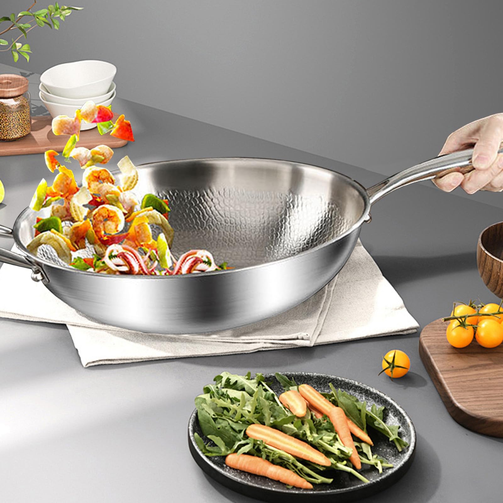 Edelstahl Wokpfanne 30 cm mit Deckel Bratpfanne,Verdickt Ultra-Haltbar Titan Bratpfanne Edelstahl Wokpfannen mit Deckel induktionsgeeignet,Backofenfest bis 400°C,Unbeschichtet