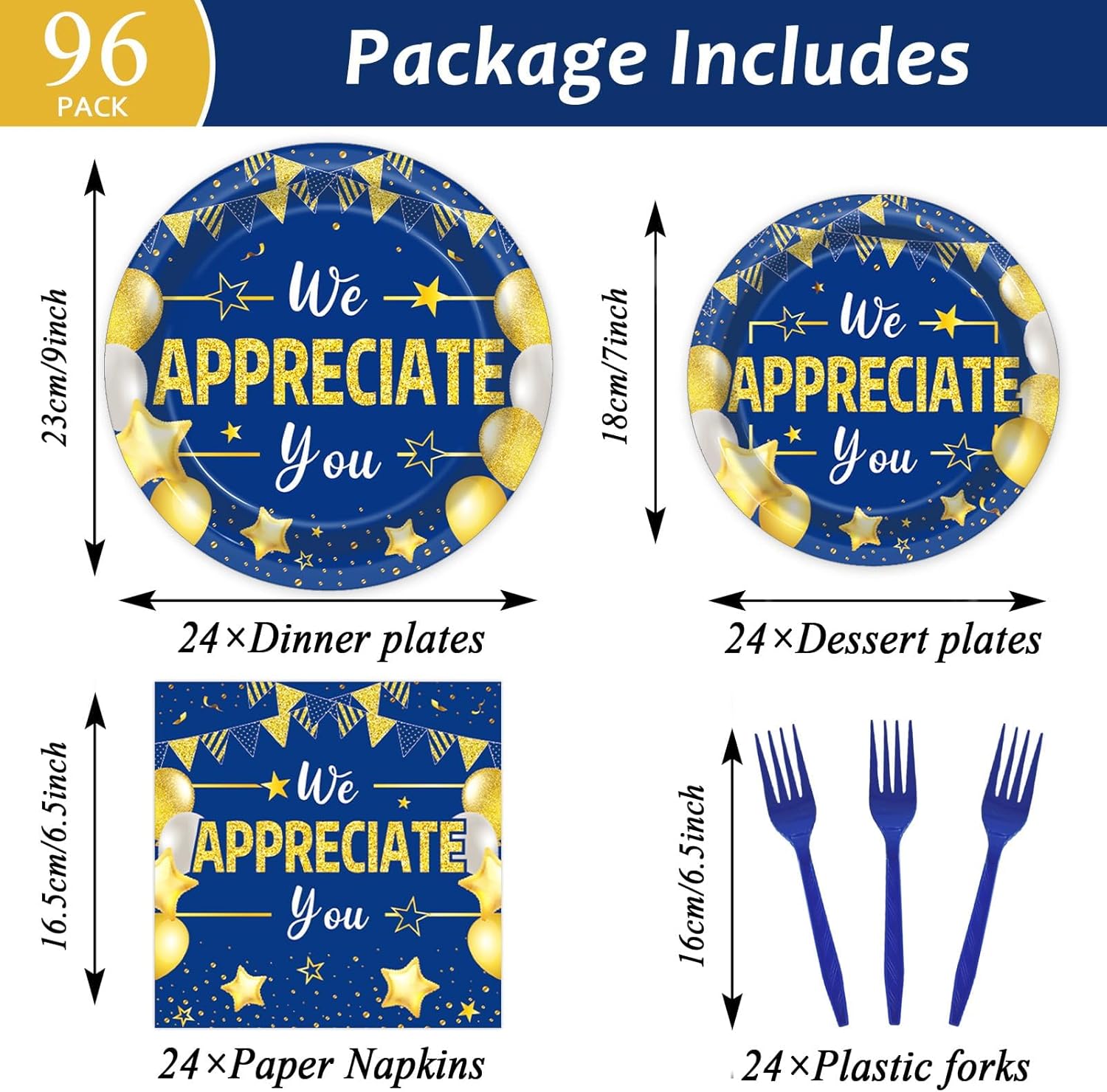 96Pcs We Appreciate You Party Plates and Napkins for Employee Staff Appreciation Blue Gold Supplies Work Anniversary Themed Plate Thank You Tableware Set for Teacher 24 Guests Party Decorations