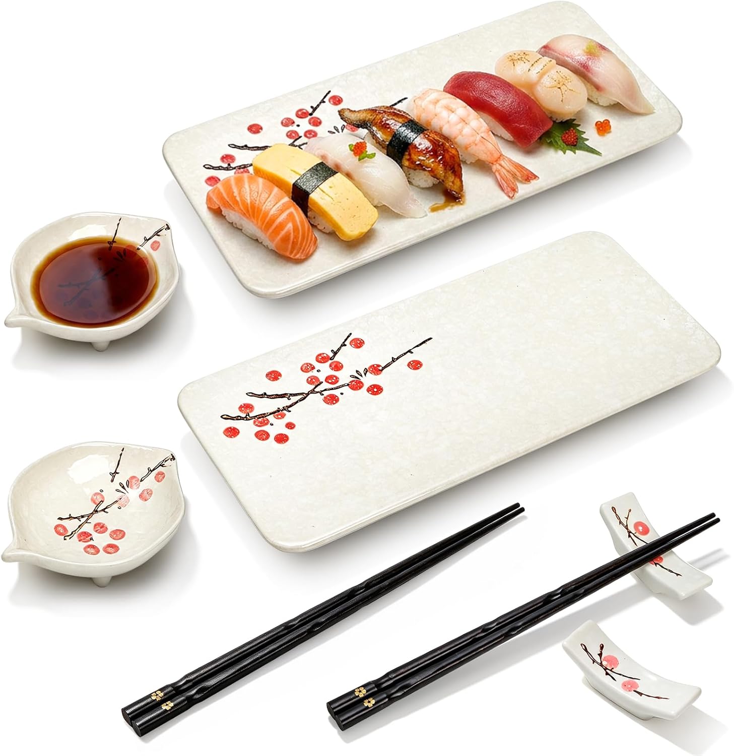 Pumtus 8 Pcs Ceramic Sushi Plate Set, Floral Japanese Serving Dishes, Sushi Dinnerware for Wedding Housewarming Gift, Includes 2 Sushi Tray, 2 Sauce Bowls, 2 Pairs of Chopsticks, 2 Chopstick Rests