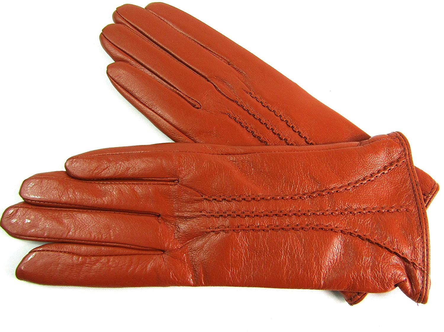 Le Women's Tan Real Leather Stripe Detail Gloves (Small, )