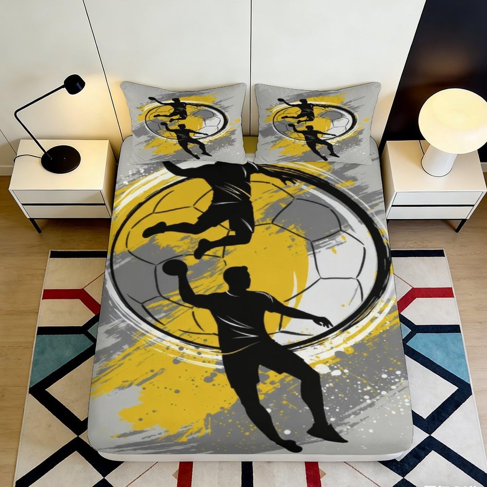 3D Printed Handball Player Fitted Sheet Microfiber Grey Yellow Sports Bed Cover for Bedroom Guest Room Decor 90x200x25cm