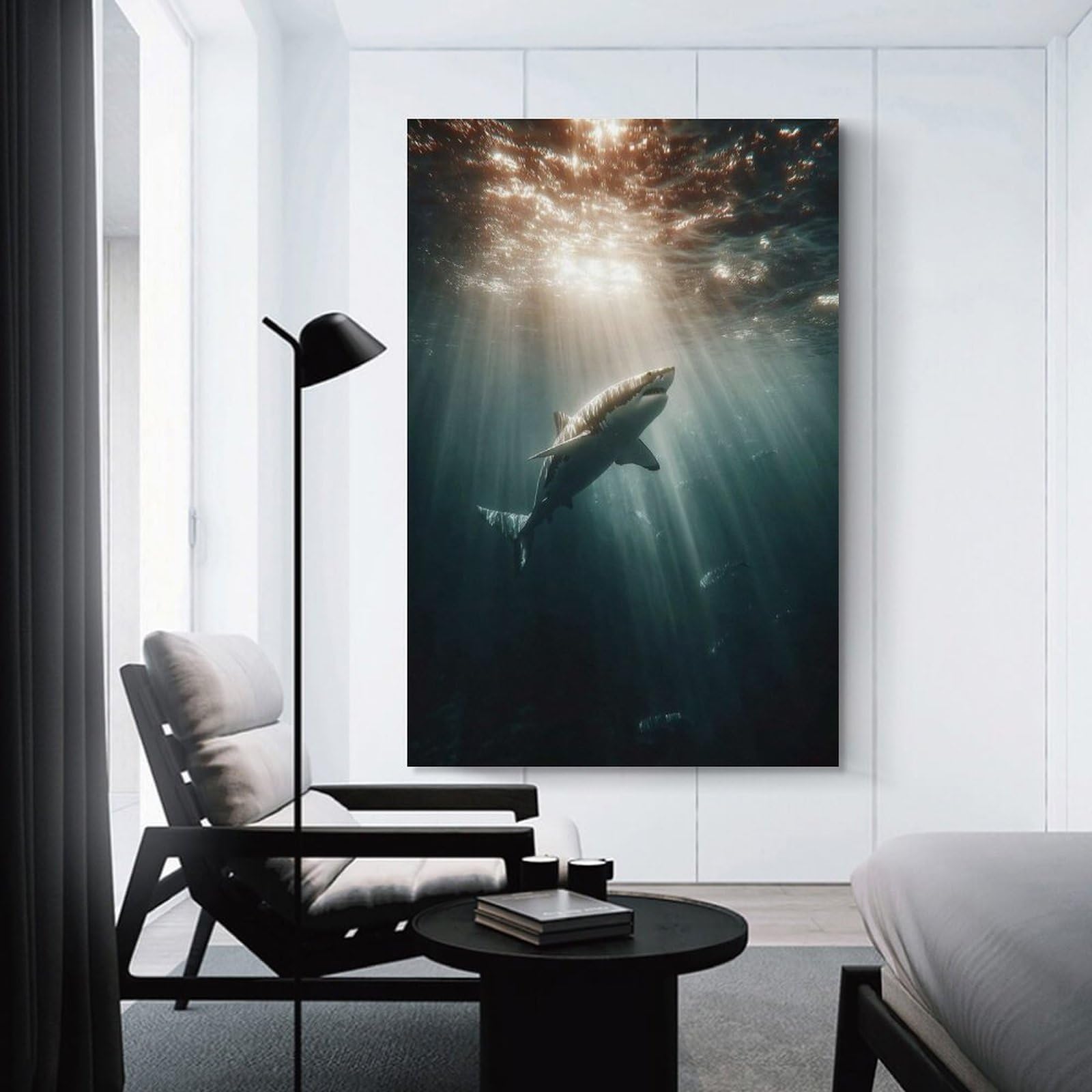 Junmoney Unframe-Style-13-1 Great White Shark In Sunlit Ocean Depths Wall Art Print, 24X36inch(60X90cm), For Sofa Walls, Lounge Or Home Corners, Canvas Styling For A Polished Room Look