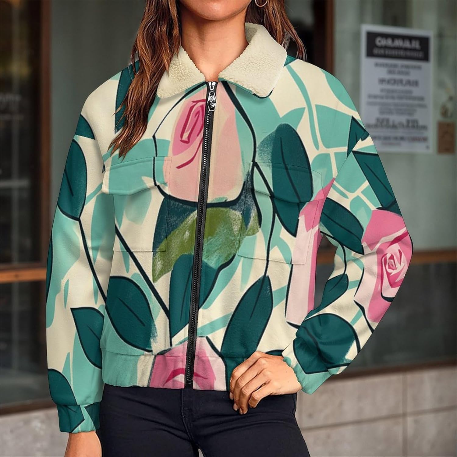 Women Winter Sherpa Lined Fleece Jacket, Long Sleeve Zip Up Rose leaves Cropped Coats Warm Soft Polar Outwear