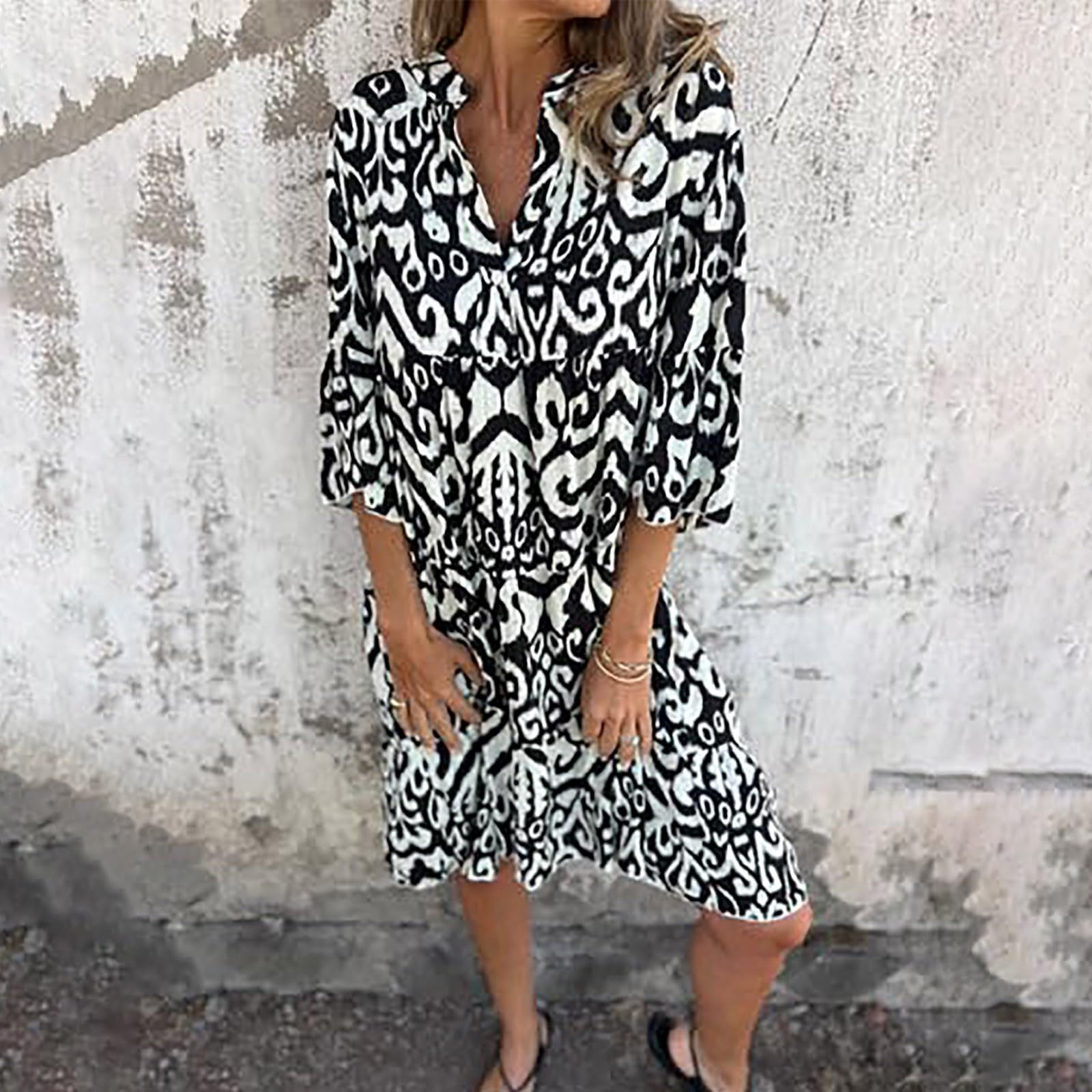 Boho-Kleid Damen Sommer 3/4 Ärmel Sommerkleid Damen Knielang A Linie Rüschen Bohemian Kleider Elegant Sommerkleider Leicht Und Luftig Blusenkleid V Ausschnitt Mit Knöpfen Strandkleid Frauen