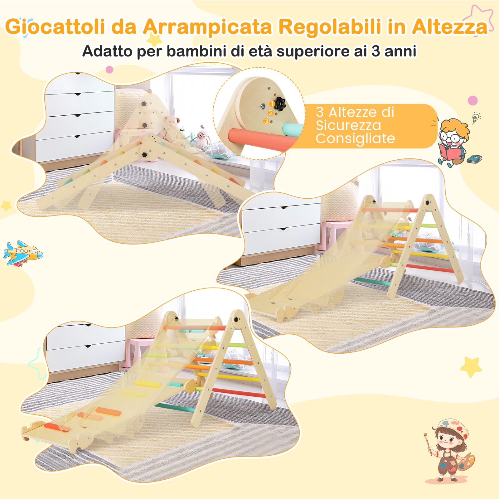 COSTWAY 3 in 1 Set da Arrampicata per Bambini, Giocattoli da Arrampicata Triangolari Pieghevoli, Altezza Regolabili, con Scivolo/Rampe da Arrampicata, Carico 60 kg (Colorato)