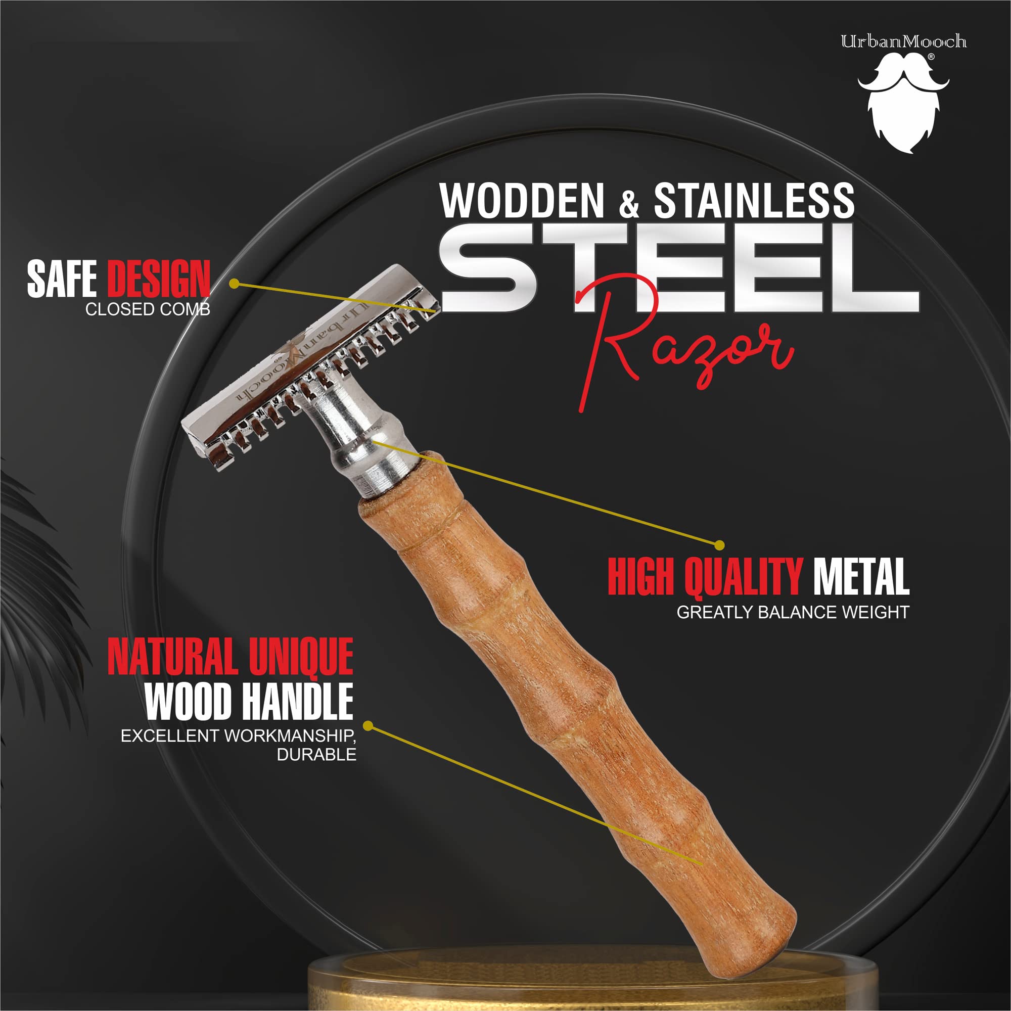 UrbanMooch Travel Essential Shaving Kit For Men | Wooden Razor, Premium Shaving Cream, Sheesham Wood Shaving Brush, Shaving Kit Pouch | Made In India - Image 2 thumbnail
