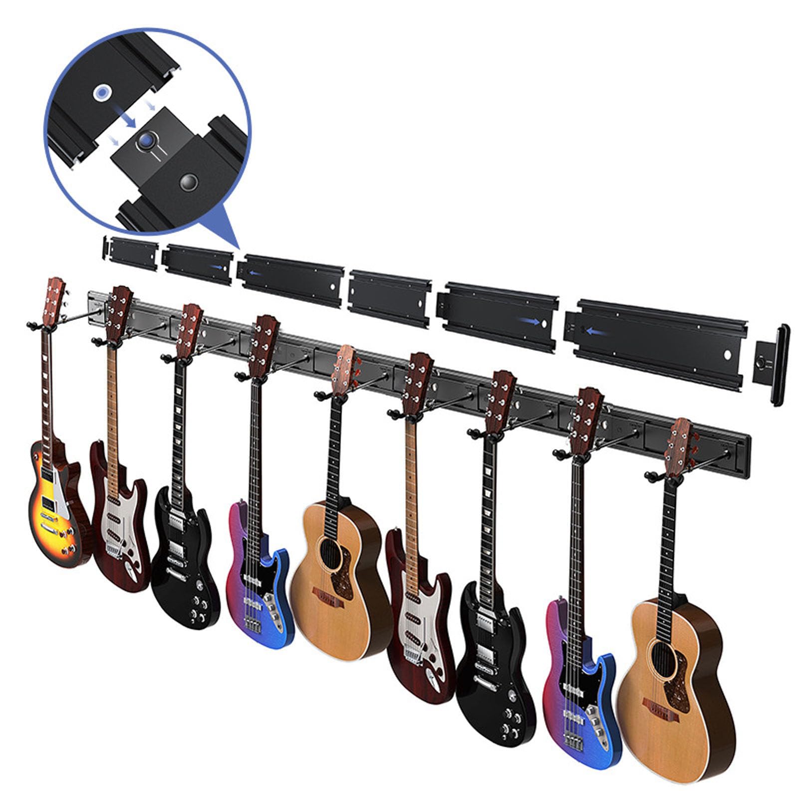 Stojak na gitarę do montażu na ścianie 5 regulowanych haczyków Metalowy wieszak na gitarę do akustycznych gitar elektrycznych Basy Stop aluminium Stal Guma 48,6 cala