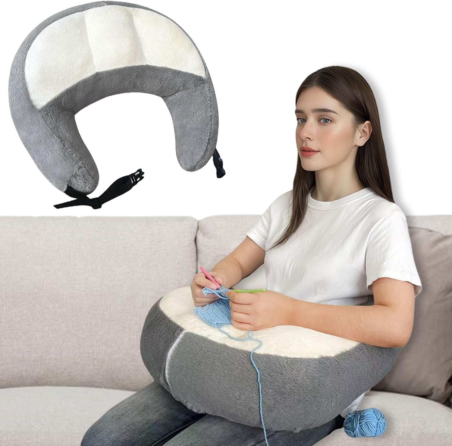 Crochet Pillow for Lap Support Reading Pillow for Gaming Crocheting Support Armrest for Sitting on Bed Floor or Sofa Plush Fabric Reading for Adults and Kids with Adjustable Buckles (Grey) A-grey