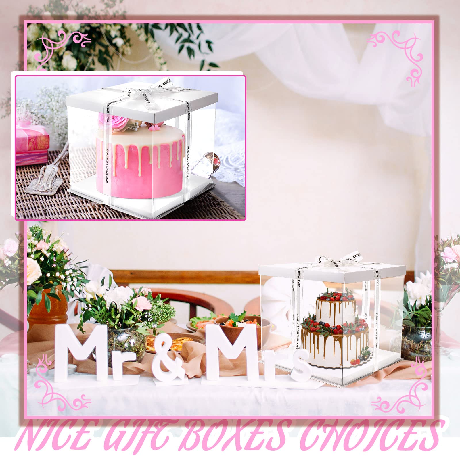 9 Pcs White Large Cake PET Clear Box with Ribbon and Pre Folded Lid, 10 x 10 x 9 Inch Tall Cake Box, Clear Gift Boxes for 8 Inch Cake of Bakery Pastries Baking Cookie Display, Birthday Wedding Party