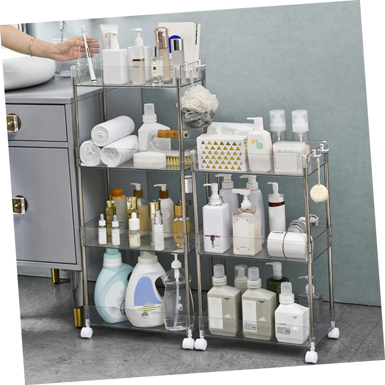 Scaffale Organizzatore da Cucina Trasparente a 3 Ripiani con Ruote | Pet e Acciaio Inossidabile, Spazio Ampio per Spezie e Giochi, Uso su Balcone