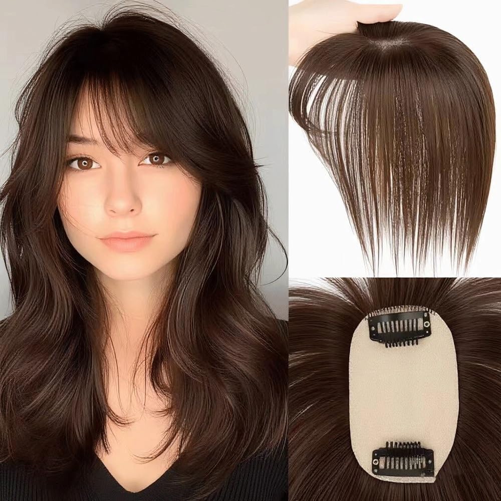 5x9cm Basis-Haarteile, Echthaar-Topper for Damen mit Pony for dünner werdendes Haar Flauschigs und Natürlich(Light Brown,8inch)