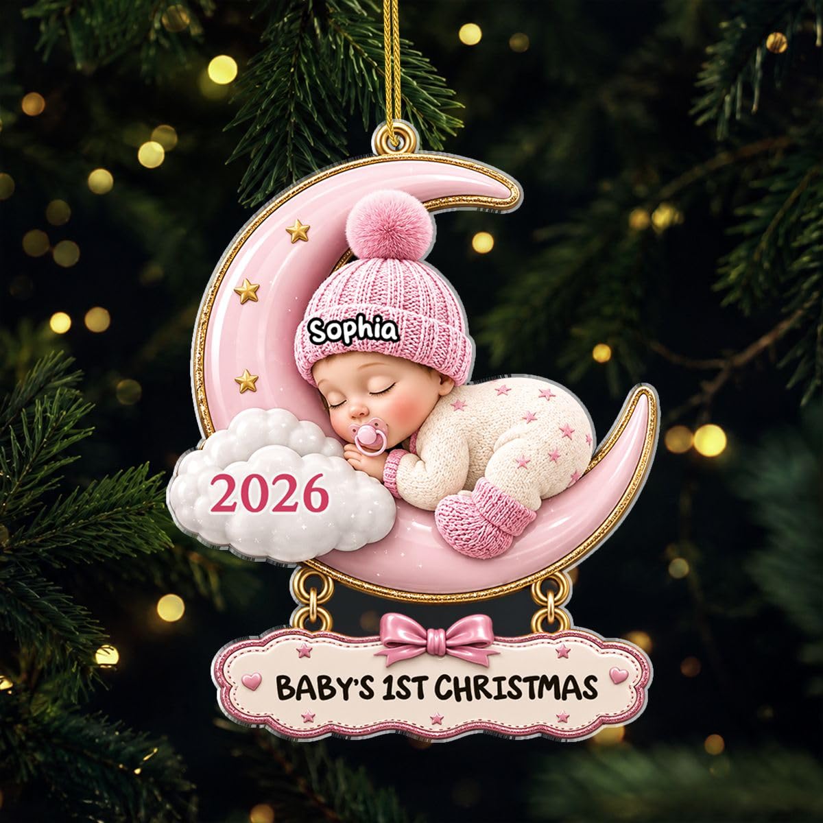 Personal Chic Personalised Ornament - Baby's 1st Christmas Moon Acrylic Ornament - Baby bump christmas bauble, Christmas hanging decor, Babies 1st, Newborn baby gifts (Model #5)
