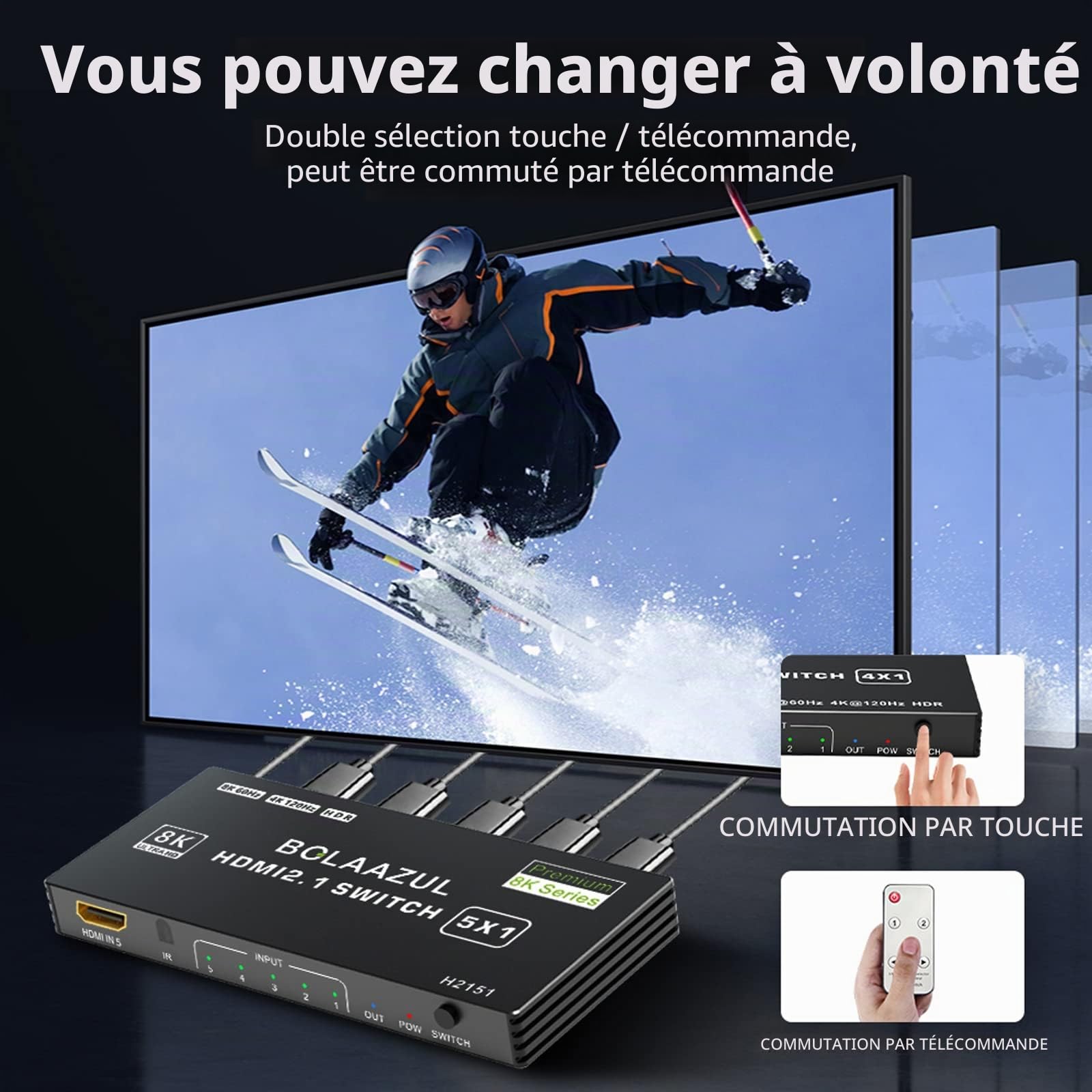BolAAzuL Switch HDMI 4K 120Hz 5 Entrées 1 Sortie Commutateur HDMI 2.1 5x1 8K 60Hz/2K 144Hz Multiprise Multi Switcher avec IR Télécommande, Multi-Ports Switch Hub HDM I HDR, pour TV/Xbox Series X/PS5