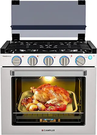 CAMPLUX Classic RV Stove Propane Range 21 Inches, Propane Oven with 3 Burners Cooktop for RV, RV Propane Oven Stove Combo 28,100 BTU/Hr, Stainless Steel RGS21MSF