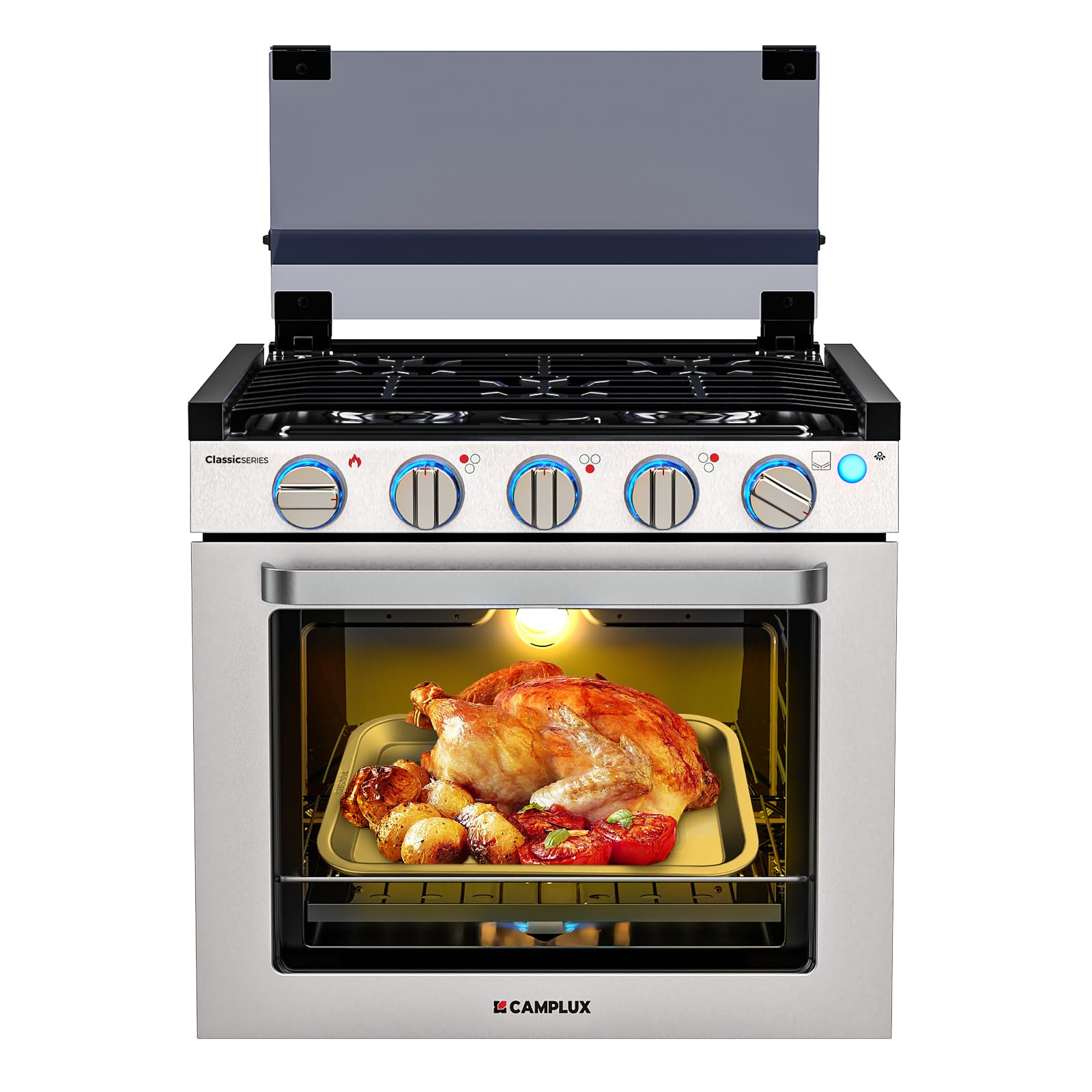 CAMPLUX Classic RV Stove Propane Range 21 Inches, Propane Oven with 3 Burners Cooktop for RV, RV Oven Stove Combo 28,100 BTU/Hr, Stainless Steel RGS21MSF