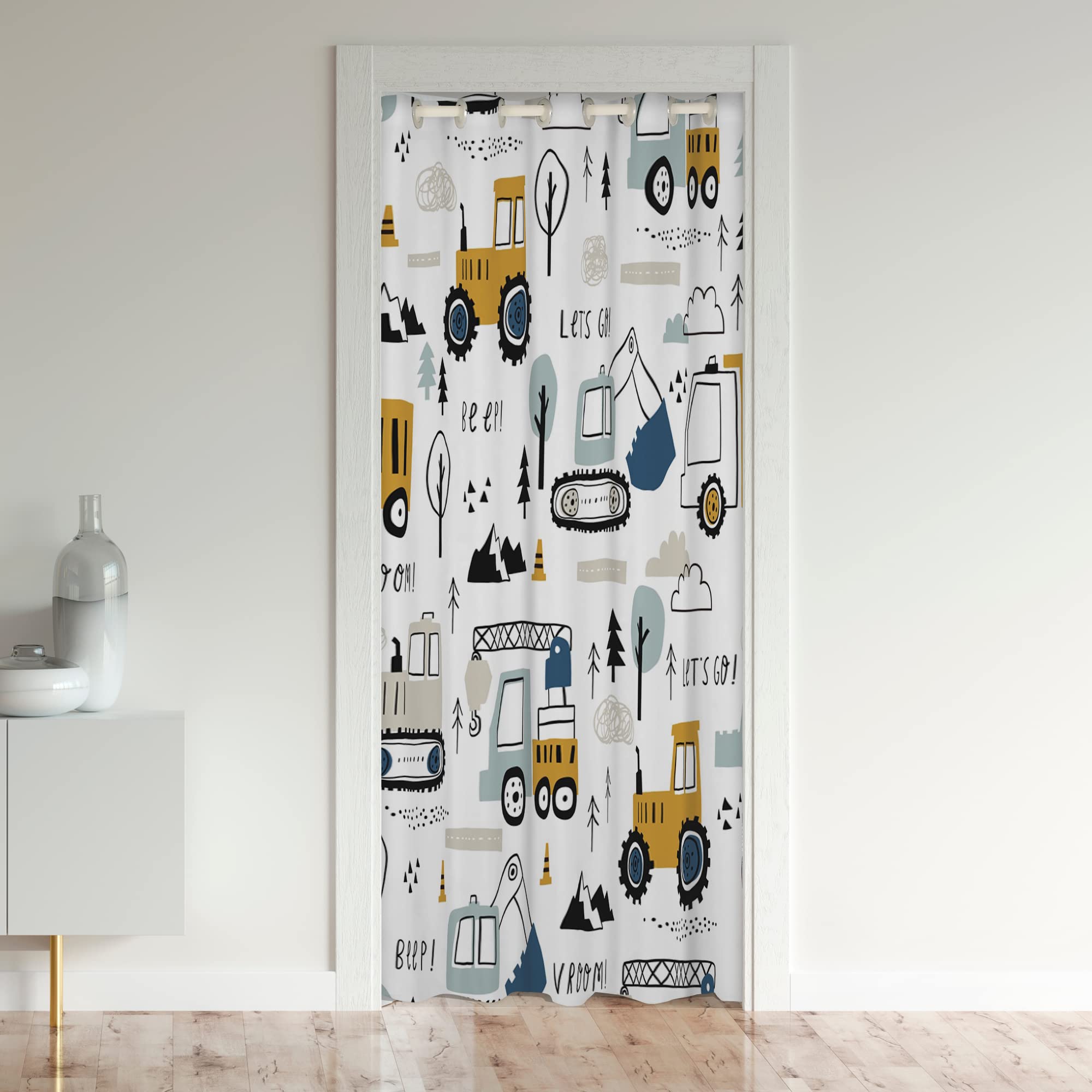 Construction Door Curtain for Doorway Privacy,Cartoon Equipment Trucks 30%-50% Room Darkening Blackout Curtain,Car Excavator Tractor Vehicles White Room Divider Curtain Cover,86x203cm 1 Panel