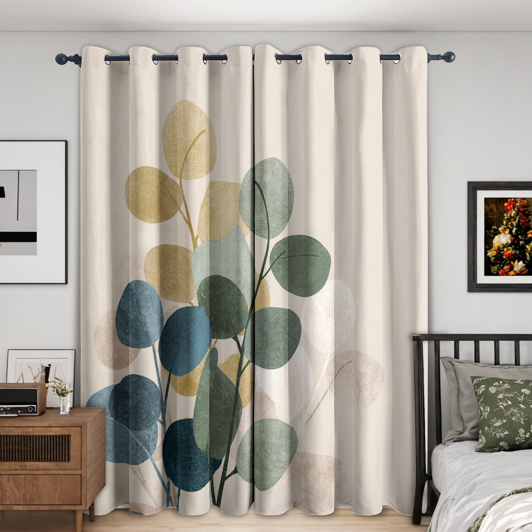 Generisch Eukalyptus Blätter Gardinen Blickdicht 2er Set, Vorhänge Blattmuster Landhausstil Motiv mit Ösen, Wohnzimmer Schlafzimmer Deko, Thermovorhang Verdunkelung, H 175 x B 140 - H443