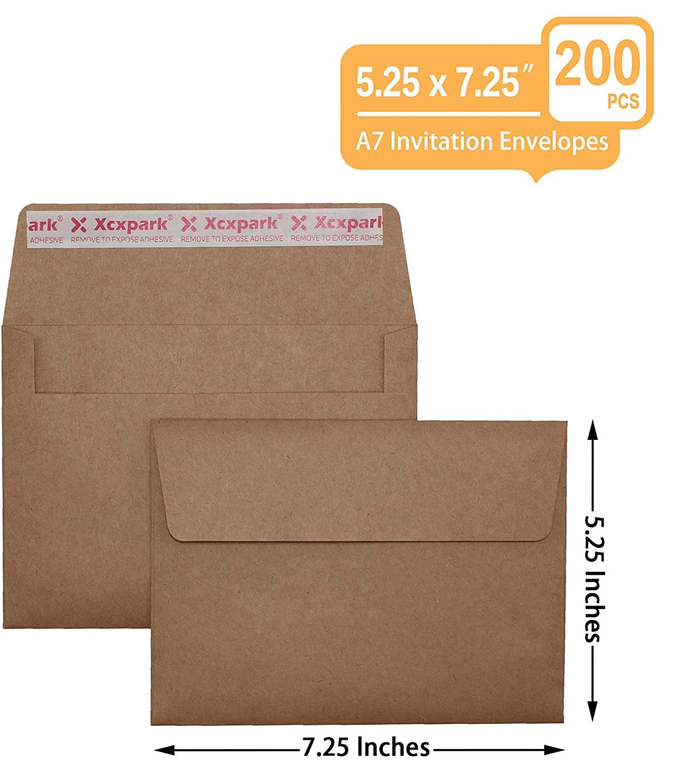 Xxcxpark 200 sobres de invitación A7 imprimibles de 5.25 x 7.25 pulgadas, sobres de papel kraft marrón de 120 g/m² para invitaciones, papeles, fotos, documentos, bodas, baby shower, fáciles de sellar