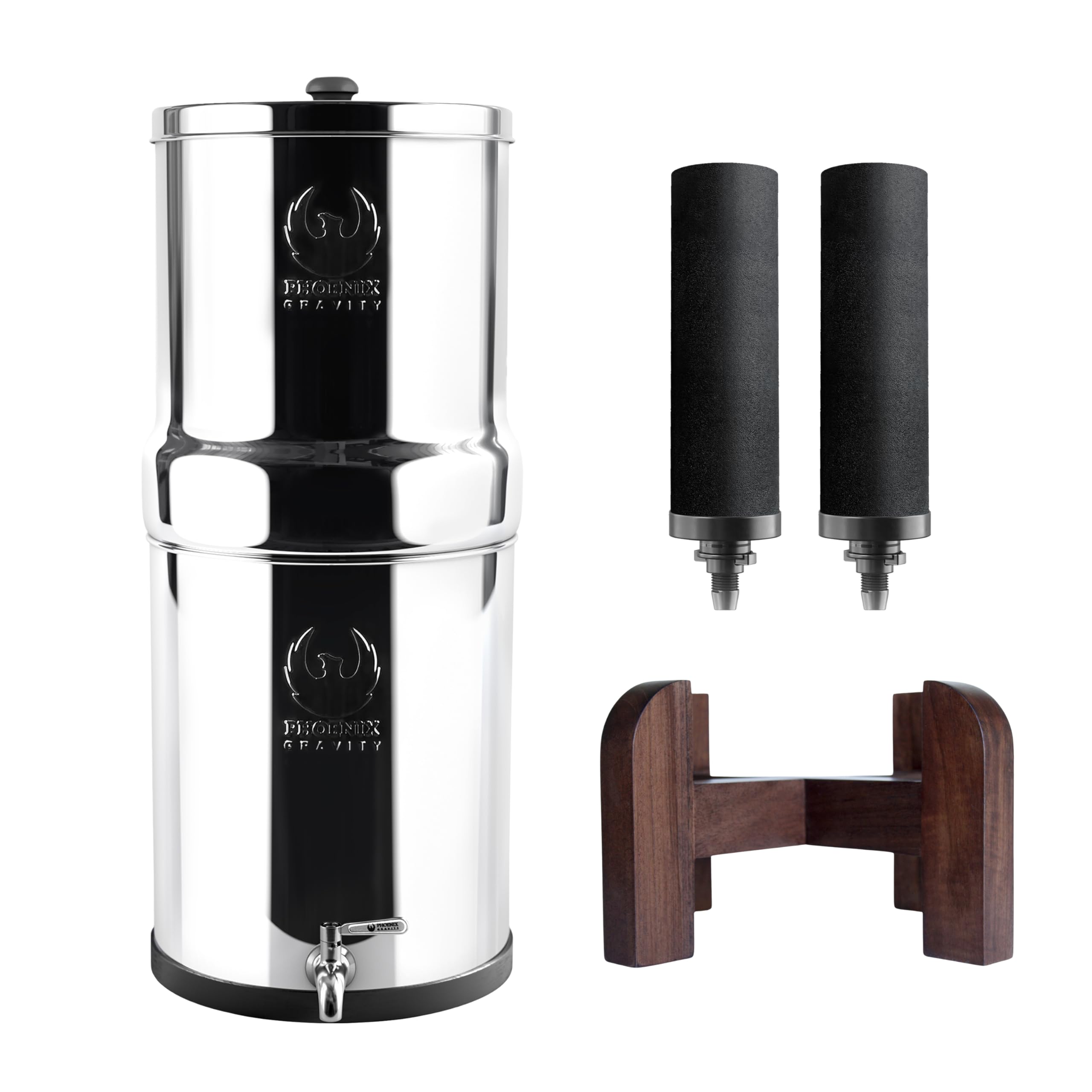 Phoenix Gravity - 8 litres certifié NSF/ANSI 42 et 372 système de filtration d’eau sur comptoir en acier inoxydable avec 2 cartouches Smart Carbon (noir), Free acier inoxydable Tap et Teak Wood Stand