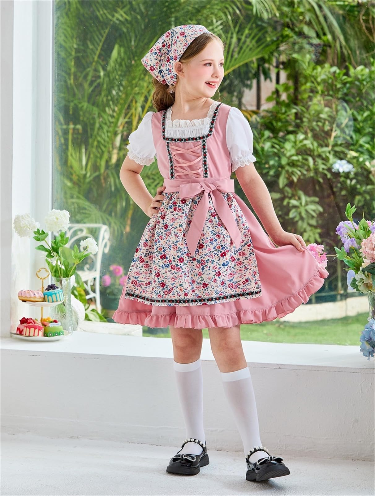 Generisch Elegancka europejska sukienka fartucha do cosplay, długość do ziemi z białą koronką i kieszeniami