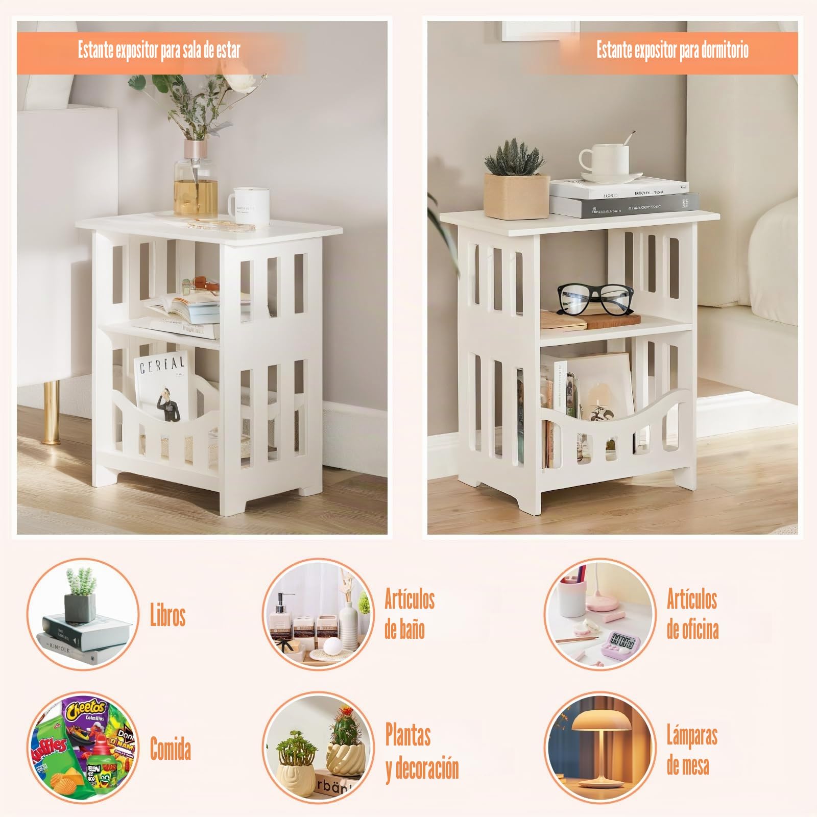 powerking Mesa auxiliar blanca de 3 niveles, mesita de noche pequeña con cesta de almacenamiento, estante de almacenamiento delgado para sala de estar, dormitorio, baño, oficina, balcón, pasillo