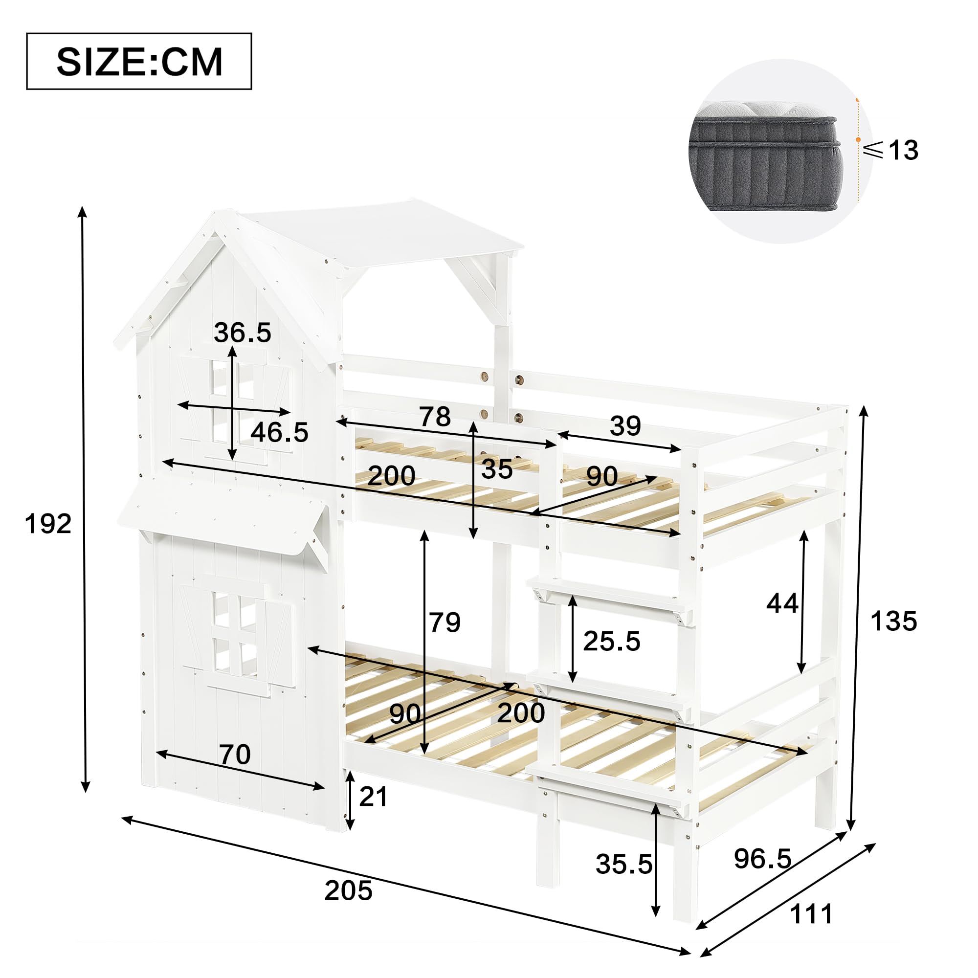 REXO Litera de 90 x 200 cm, cuna, hermosas ventanas y techo, barandillas de seguridad laterales, escalera recta de tres niveles, somieres de listones estables, pino + MDF + madera contrachapada, color