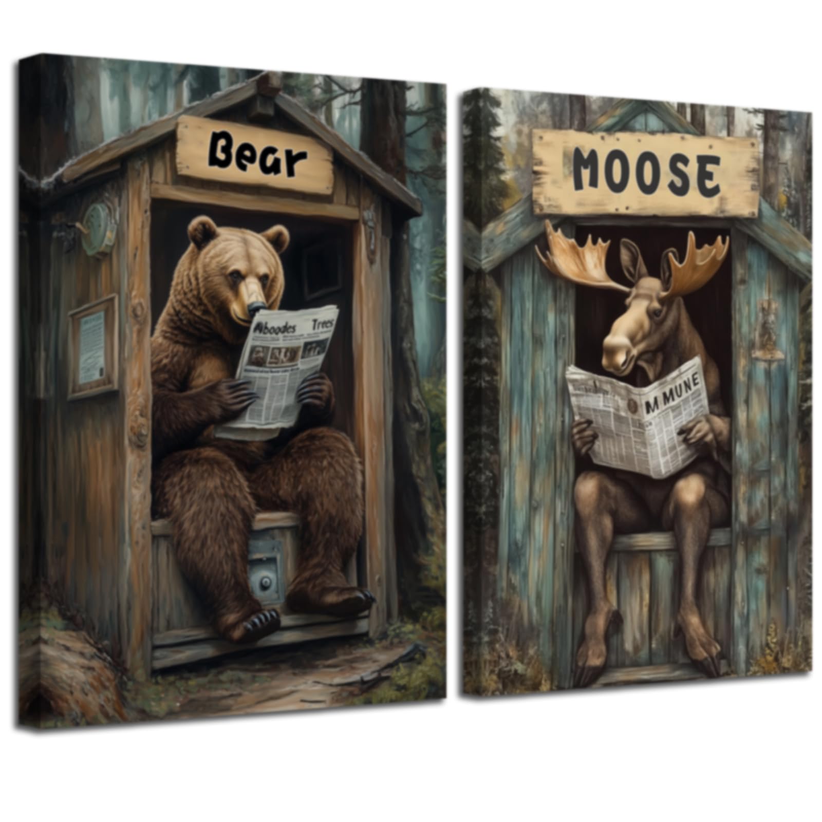 ZXHYWYM Farmhouse Animals Wall Art Set of 2 Bear Moose In Outhouse Toilet Wall Decor Funny Brown Animal Poster for Rustic Cabin Bathroom Frame (Brown, (60.00 x 90.00 cms x 2PCS))