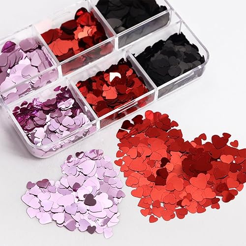 Miniatura 4 de Calcomanías holográficas para el día de San Valentín, 6 rejillas, corazón, purpurina, lentejuelas, decoración de uñas, rojo, rosa, negro, diseños