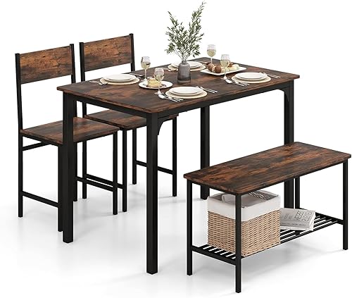 Miniatura 9 de Moccha - Juego de mesa de comedor para 4, mesa de cocina de madera con 2 sillas y un banco largo, moderno comedor de 4 piezas con marco de metal y