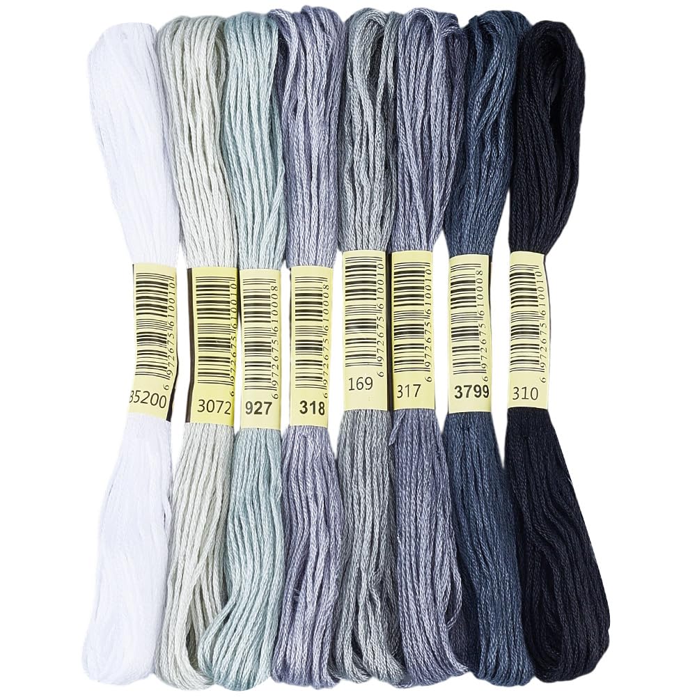 1 Box 65.6 Yards 8 Skeins 6 Strands Gray Embroidery Cotton Floss Cross Stitch Thread Assorted Friendship Bracelet Variegated Yarn Gradient String Bulk for Hand Sewing Making Crochet Weaving