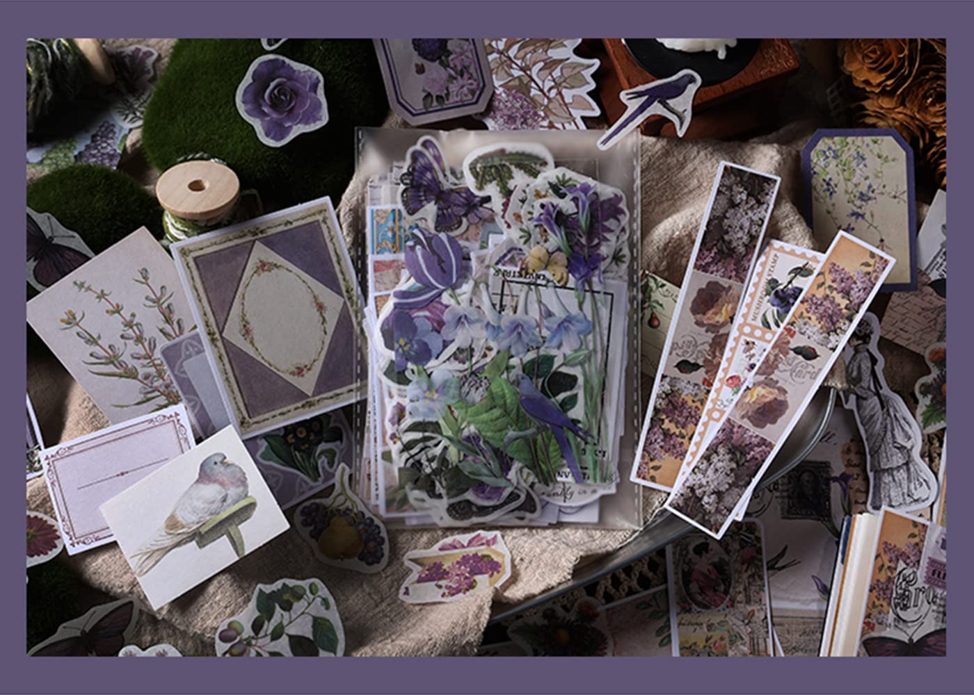 EAMOTOL 200 Pieces Vintage Scrapbooking Paper & Stickers,Journal DIY Decorative Plant Flower Scrapbook Materials Pack for Planner Hand Account Craft Album Notebook Collage Card Decoupage- Purple