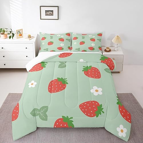 Lindo edredón de fresas para niños y niñas, juego de edredón de hojas verdes, tamaño matrimonial, decoración del hogar, suave juego de ropa de cama