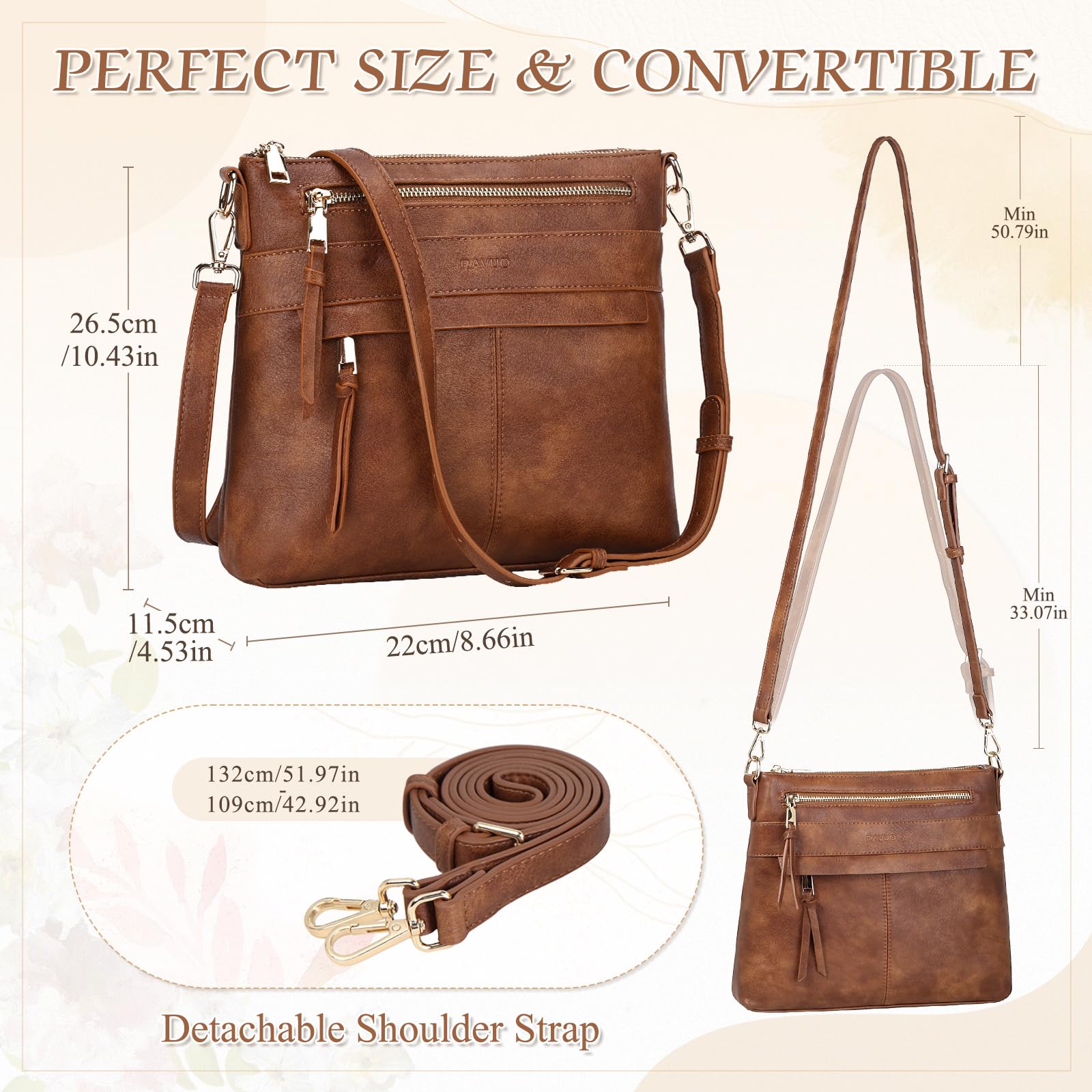 RAVUO Bolso Bandolera Mujer, Grande Bolso Cruzado de Cuero Pu Bolso Hombro Piel con 2 Correas Ajustable Crossbody Bag para Diario Viaje,Marrón