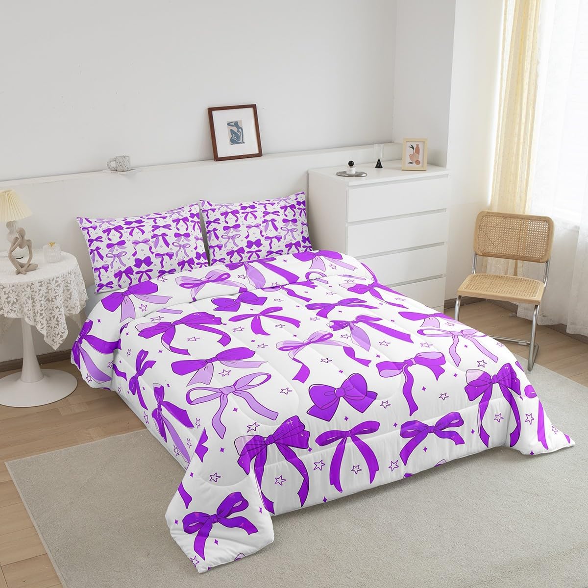 Feelyou Purple Bowknot Decoration Comforter Set Toddler Size for Girls Adults Watercolor Purple Bow Kids Kawaii Bedding Set Dreamy Princess Style Duvet Quilt with 1 Pillowcase