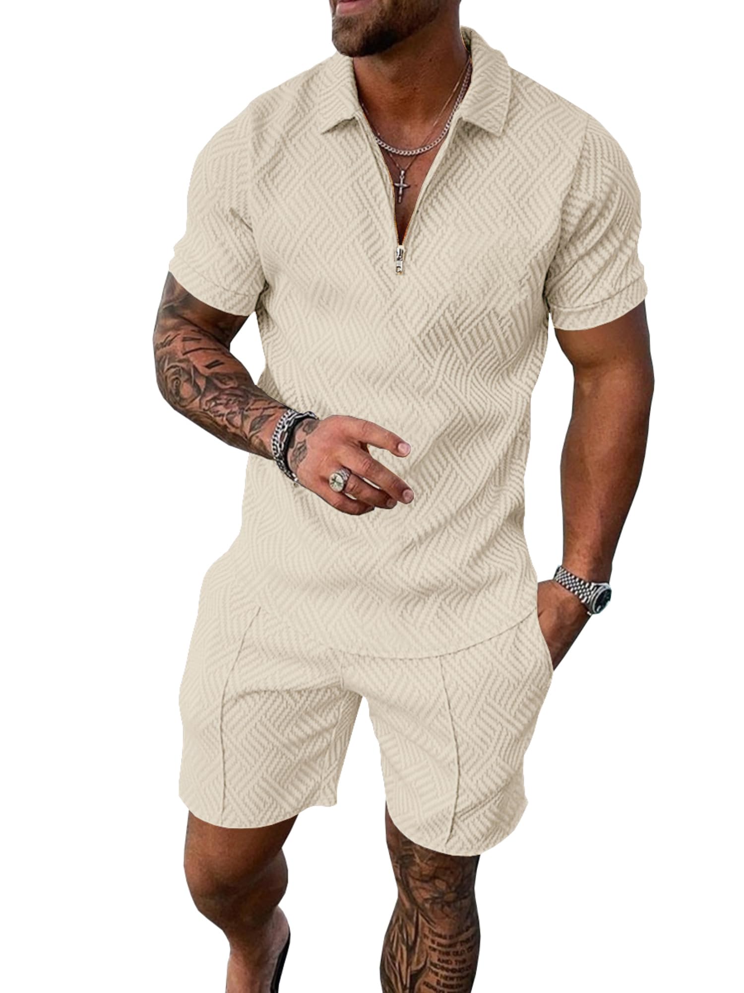 UOUA Conjunto de 2 piezas de pantalones cortos de verano para hombre, sudadera de manga corta, cremallera de 1/4, polo de golf, camisas a rayas