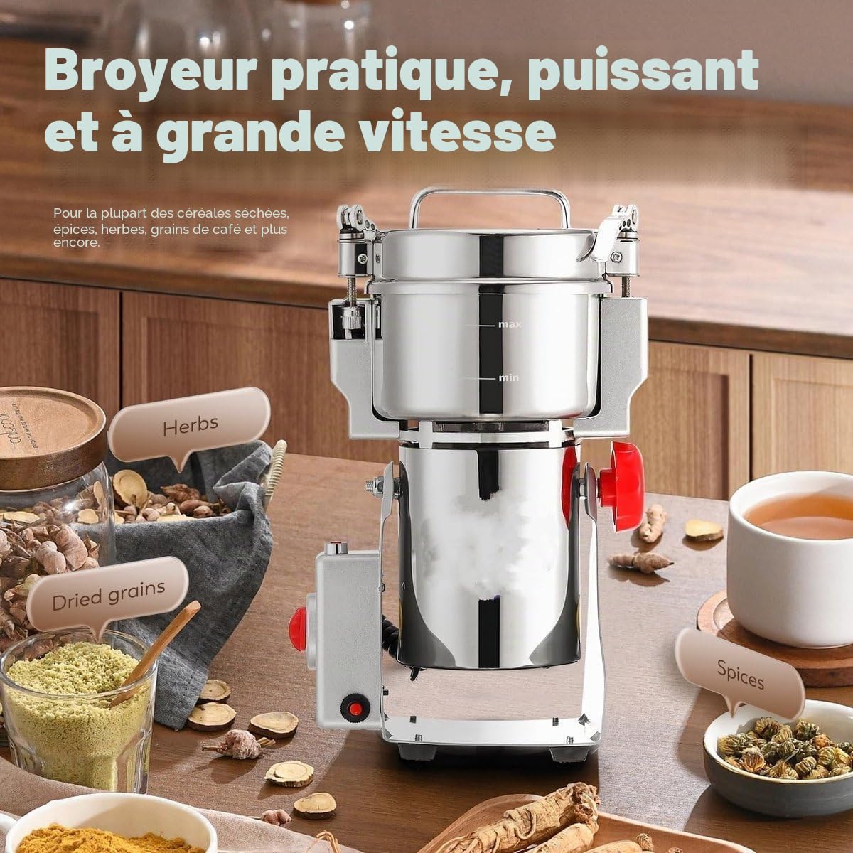Royal Swiss® Moulin Électrique 1800W – Broyeur à Grains & Épices 350g en Inox | Moulin à Céréales, Café, Farine, Herbes | Haute Vitesse, Lames 3 Couches, Sécurité Anti-Surcharge (350g)